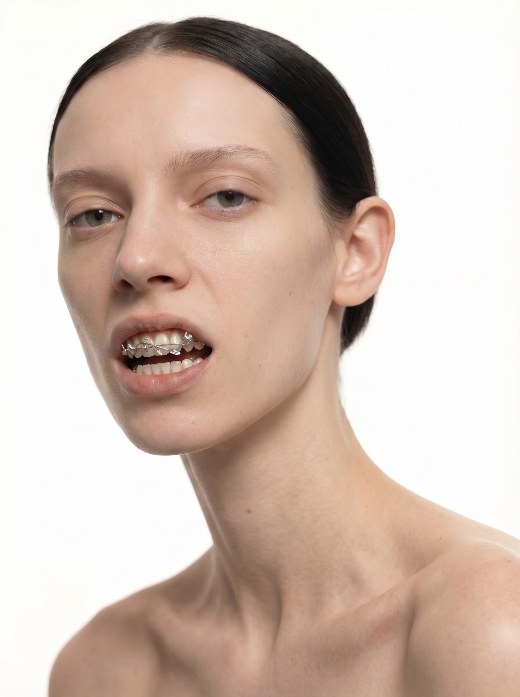 Woman in white dress and bucket hat walking down runway